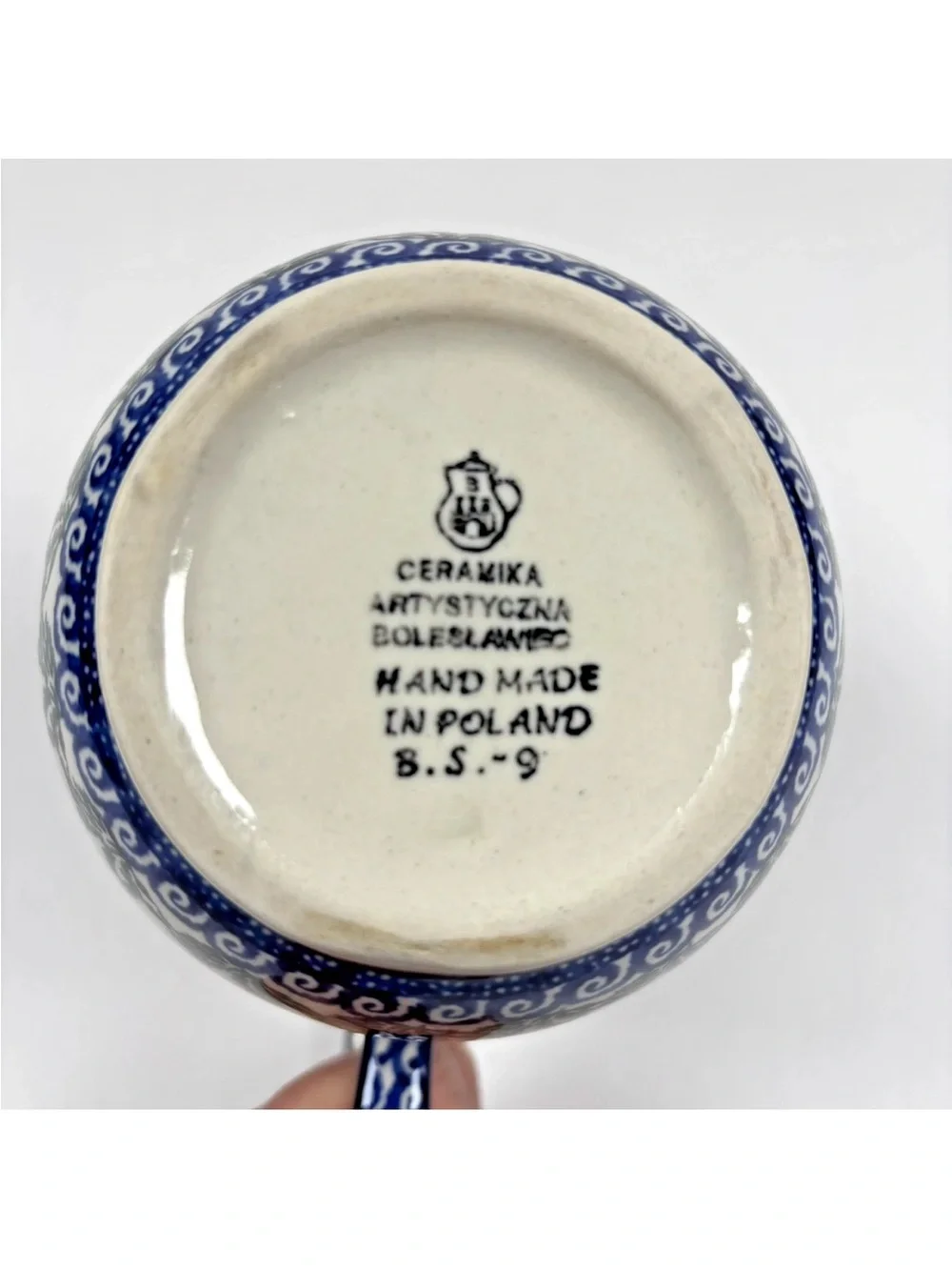 Polish Pottery Soup Bowl Loop Handle Cobalt Blue Green Floral Leaf Boleslawiec